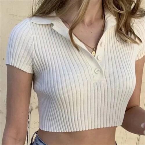 Vintage High Waist Short Sleeve Basic T-shirt 2020 Streetwear Knitted Tshirt Female White Tee Crop Top for Women Clothing