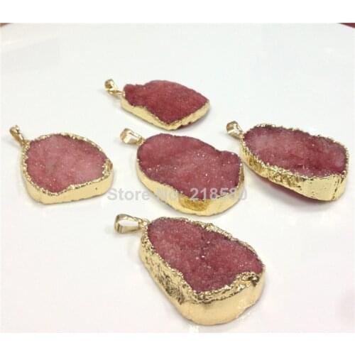 H-DP110 Free Form Cherry Druzy Stone Necklace Pendant 24k Gold Electroplate 35-50mm Long (Ramdom in Shape)