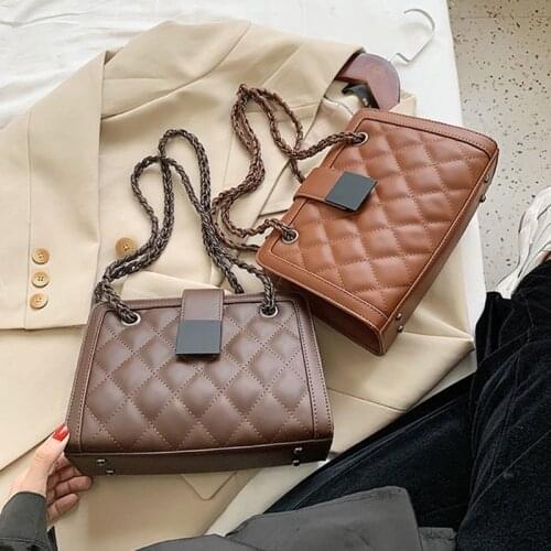 Women Faux Leather Quilted Crossbody Bag Chain Strap Diamond Pattern Handbag