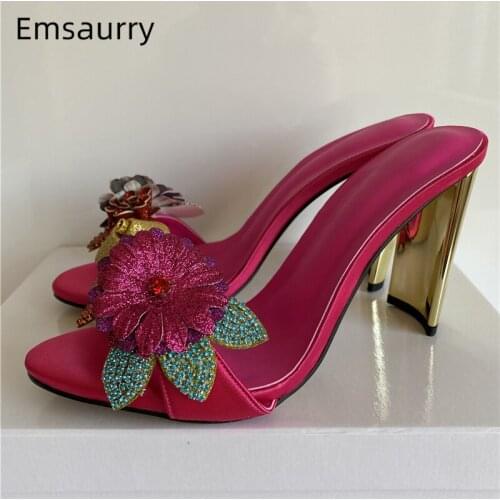 Handmade Colorful Sequins Flower Women Sandals Metal Strange Black Hoof Heel Luxury Satin Rhinestone Party Shoes Woman