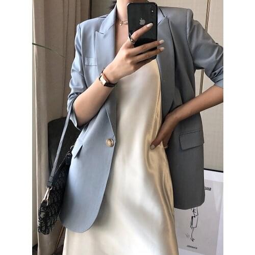 Elegant women blue blazers and jackets Female Casual Single buckle suit blazer feminino Office lady work suit blazer dress Coat