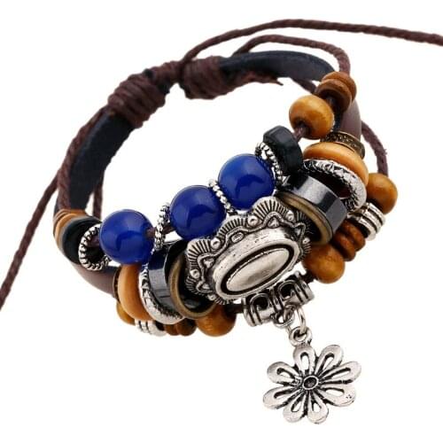 Fashion Casual Woman Flower Genuine Leather Bracelet Wrap Alloy Round Beads Charms Bangle Retro Vintage Wristbands Girl Jewelry