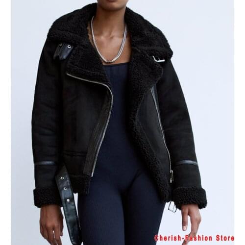 Women Faux Sheepskin Shearling Coat New Warm Suede Jacket Motorcycle Lamb Fur Coats Black Brown Leather Jacket Brand 2021 Winter