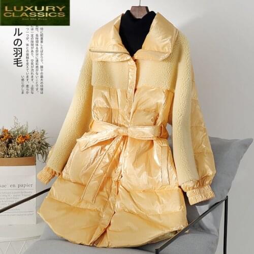 Female Real Fur Coat Winter Duck Down Jacket Women Vintage Long Sheep Shearing Jacket Thick Warm Wool Down Coat Hiver 916