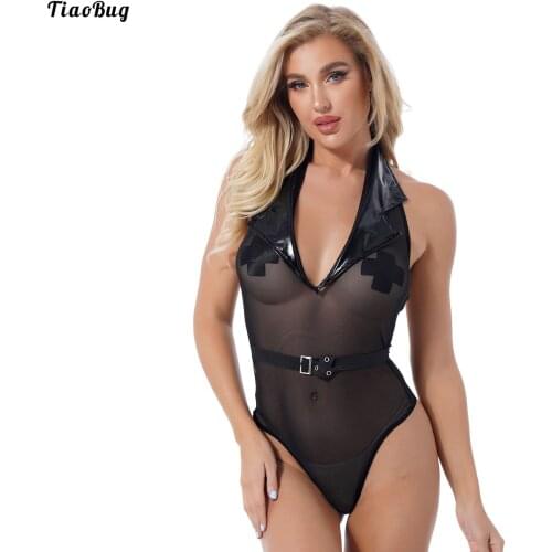TiaoBug Women Sexy Sheer Mesh Patchwork Bodysuit Halter Deep V Neck Notch Lapel Adjustable Buckle Slim Fit Lingerie PU Jumpsuit