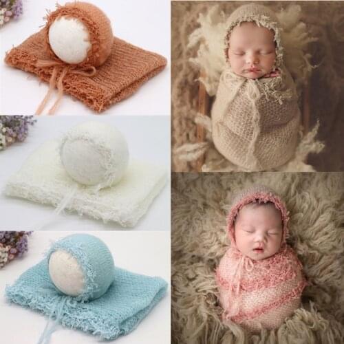 2 Pcs/set Newborn Photography Props Baby Blanket Lace Wrap with Hat Cute Stretch Soft Mohair Tassel Baby Blanket Swaddle