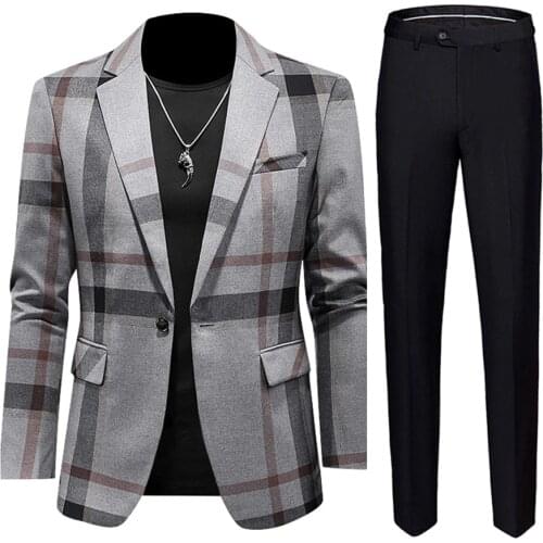 3) Fashionable Mens Business Casual Suits, Large Size 5XL Slim Fit Men Gray Striped Blazer and Black Pants