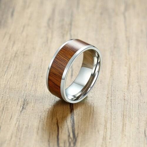 8MM Mens Stainless Steel Wood Inlay Ring For Wedding Trend Personality Men Band Rings Finger Spot Jewelry