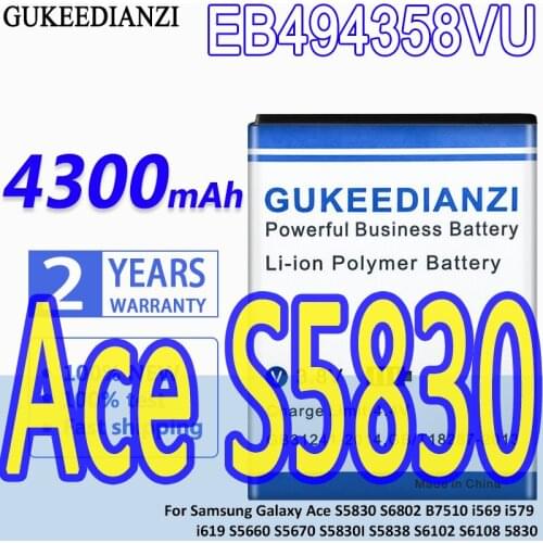 High Capacity GUKEEDIANZI Battery EB494358VU 4300mAh For Samsung Galaxy Ace S5830 S6802 B7510 i569 i579 i619