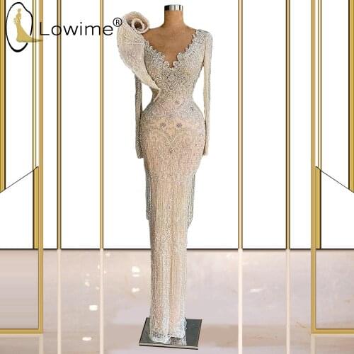 Champagne Luxury Full Beading Evening Dresses 2021 Illusion O Neck Muslim Saudi Arabia Long Sleeves Formal Prom Party Gowns