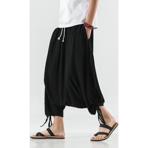 2021 Summer Men Linen Cross-Pants Mens Chinese Style Retro Wide Leg Pants Male Hip Hop Fashion Loose Drop Crotch Trousers M-5XL