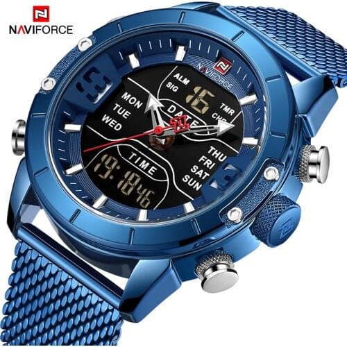 The New NAVIFORCE Mens Watches Top Luxury Brand Sport Watch Men Mesh Strap 30M Waterproof Miliary Dual Display Blue Wrist Watch