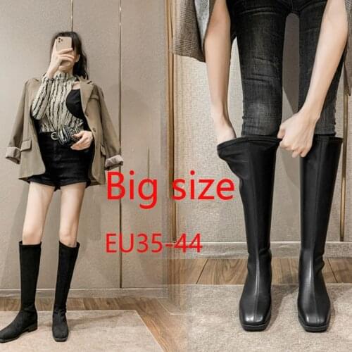Black Thick Heel Knight Leather Boots Female Footwear Flocks Shoes Plus Elastic Warm The Knee Boots Spring Fashion Boots
