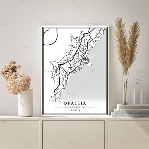 Black and White World City Map Croatia OPATIJA Wall Art Canvas Poster Prints Nordic Style Paintings Picture for Living Room