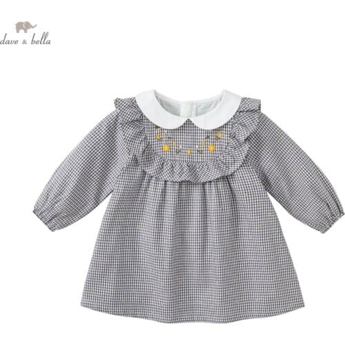 DBM18537 dave bella autumn baby girls cute floral plaid print dress children fashion party dress kids infant lolita clothes