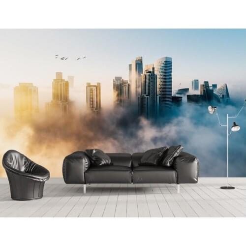 Customized 3d creative light luxury modern urban architecture scenery in dreamy clouds TV Living room bedroom decorative mural