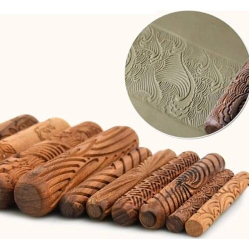 Pottery Tools,Wooden Handle Rollers Clay Modeling Pattern Rollers Kit Pottery Tools Set with Assorted Patterns 10Pcs