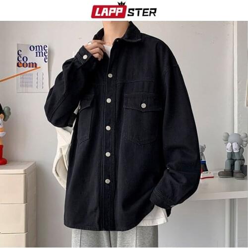 LAPPSTER Men Japanese Streetwear Black Denim Jackets 2021 Winter Colors Mens Jeans Jackets Coats Male Korean Fashion Windbreaker