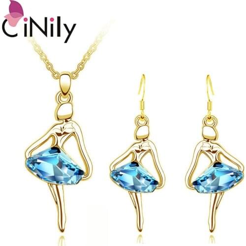CiNily Crystal Ballerina Jewelty Set Silver Plated Yellow Gold Color Earrings & Necklace Fairy Princess Ballet Dancer
