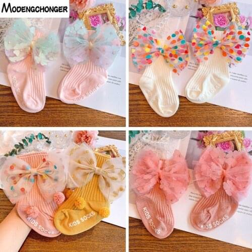 1Pair Fashion Sweet Socks For Girls Kids Lace Bow Socks Newborn Non-slip Socks Infant Toddler Socks Boneless Stitched Baby Sock