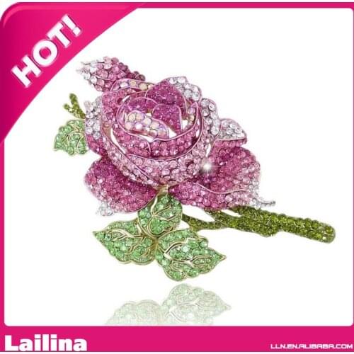Mothers Gift Gold-Tone Pink Austrian Crystal Rose Flower Brooch