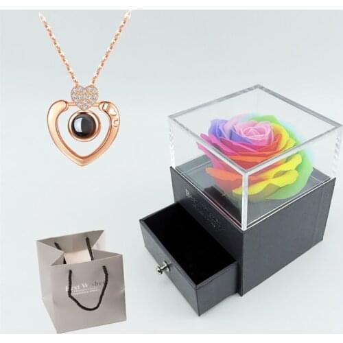 S925 100 Languages I Love You Projection Pendant Necklace With Rainbow Rose Soap Flowers Jewelry Gift Box Valentine Wedding Gift