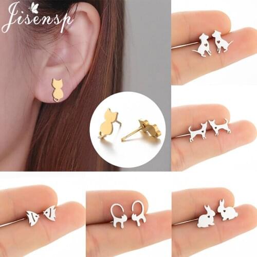 Jisensp Lovely Tiny Animal Earrings Women Multiple Stainless Steel Cute Dog Cat Rabbit Fish Stud Earring Jewelry Pendientes