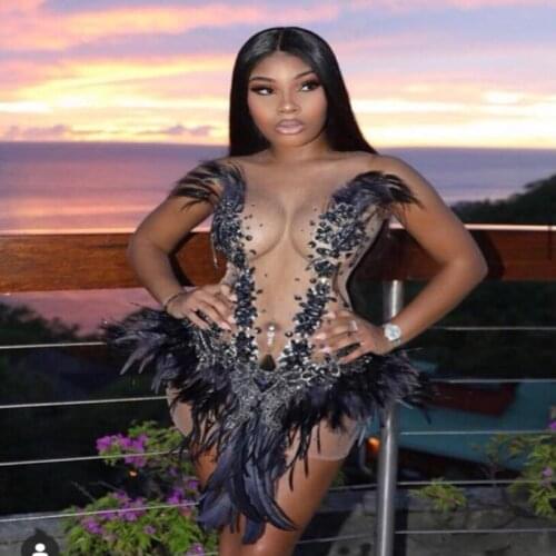 Rhinestones Black Feather Birthday Celebrate Dresses Mesh See Through dress Sexy stage dance costume