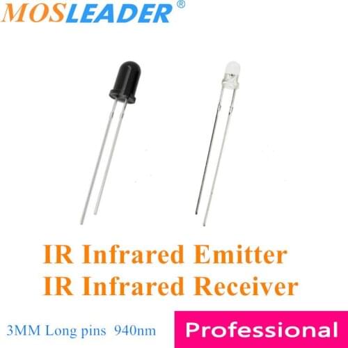 Mosleader 1000pcs 3mm 940nm LEDs IR Infrared Emitter and IR Infrared Receiver diodes Long pins Round top Transparent Black