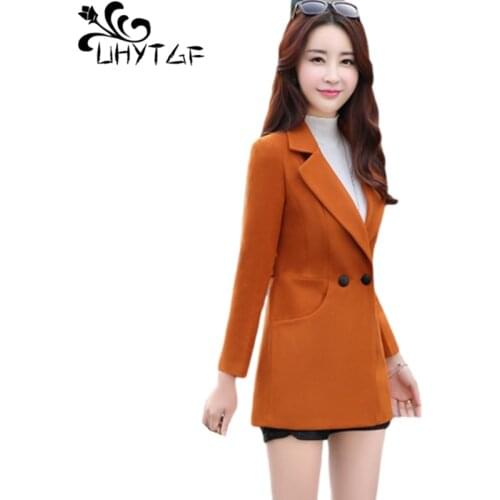 UHYTGF 3XL Plus Size Jacket Woman Double-breasted Slim Autumn Winter Woolen Coats Solid Color Casual Female Outerwear 440