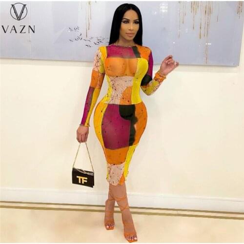 VAZN 2021 Hot Popular Mesh Fabric Dress Casual Free Daily Young Cocktail Chiffon Full Sleeve Slim Young Women Mini Dress