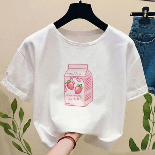 Japan Strawberry Juice Graphic Print T-shirt Women Funny Harajuku Summer Kawaii Tshirts Aesthetic tee Tops Female