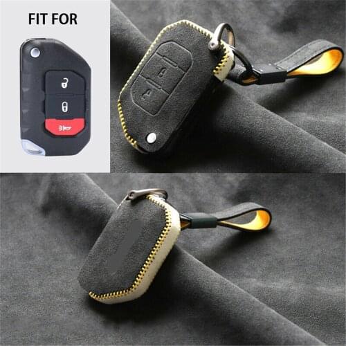 Suede Leather Flip Remote Start Key Case Cover Fob Shell Protector Holder Auto Accessories For Jeep Wrangler JL 2018-2020