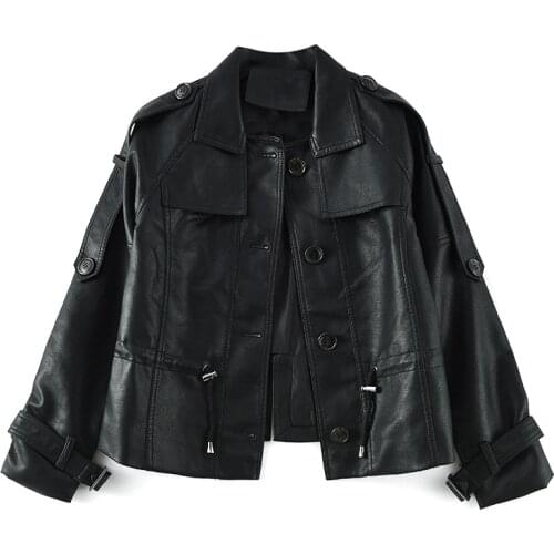 High Quality Spring Black PU Leather Loose Lapel Drawstring Long Sleeve Biker Jacket Fashion Casual New Ladies Casual Streetwear