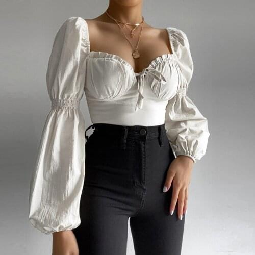 Women Casual Long Puff Sleeve T-shirt Solid Color Tie-up V-neck Vintage Ruffle Cropped Tops Bodycon Square Neck Party Blouse