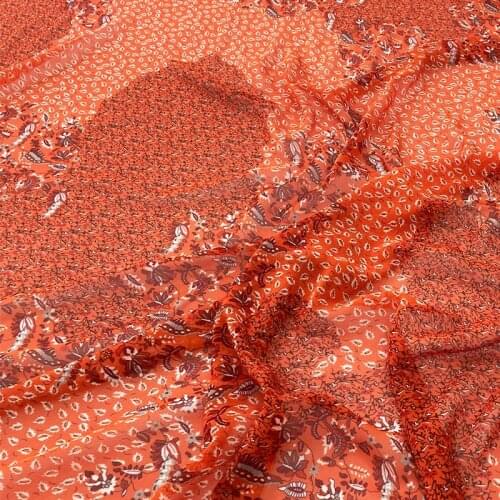 145cm Width Fashion Orange Small Floral Printed Thin Georgette Chiffon Fabric For Woman Girl Summer Long Dress Blouse DIY Sewing