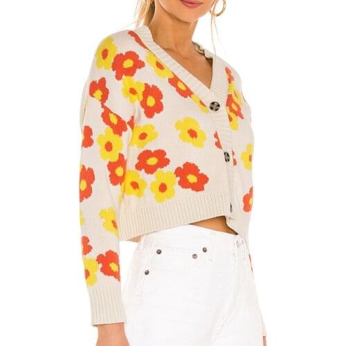 YiYiMiYu Womens Sweater Floral Printing V-neck Knitted Cardigans Female Casual Loose All-match Sweet Lady Long Sleeve Clothing