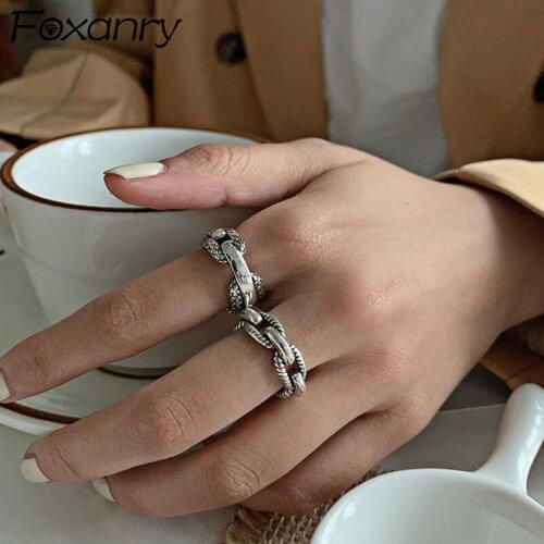 Evimi 925 Sterling Silver Thick Chain Rings for Women INS Fashion Vintage Punk Thai Silver Birthday Party Jewelry Gifts
