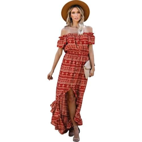Women Slash Neck Sexy Dresses Summer Printed Big swing Dress Ladies Elegant Bohemian Off Shoulder Sundress Beach Vestidos Robe