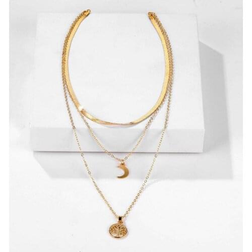 Popular Girl Fashion Necklace New Nightclub Exaggerated Simple Geometry Tree Of Life Moon Pendant Multi-layer Necklace Bohemio