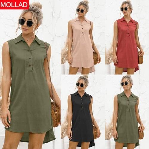 2021summer New Hot Sale Lapel Button Split Vest Shirt Dress Solid Color Turn-down Collar Women Summer Dresses