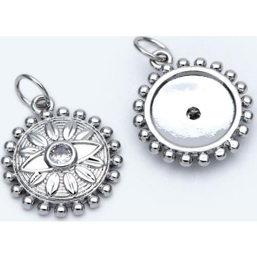 10pcs CZ Paved Silver Flower Evil Eye Charms 17x15mm, Rhodium Elated Brass, Disk Evil Eye Pendants For Jewelry Making (GB-1904-2