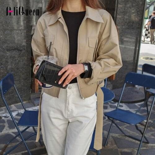 2020 Autumn Women Loose Lace Up Streetwear Coat Zipper Outerwear Short Jacket Female Pockets Casual Crop Tops Jackets Plus Size