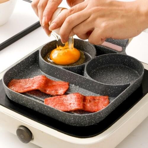 4 Hole Frying Pan Non Stick Breakfast Burger Egg Pancake Maker Wooden Handle Stone Four Hole Omelet Pan Cookware