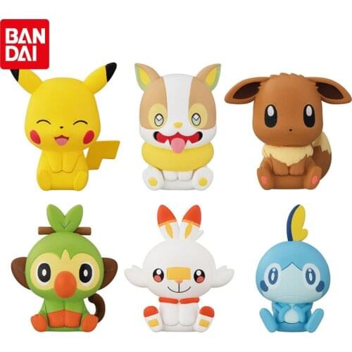 Bandai Genuine Pokemon Anime Q Cute Clip Series Ornaments Doll Pikachu Eevee Yamper Scorbunny Sobble Grookey Action Figure Toys