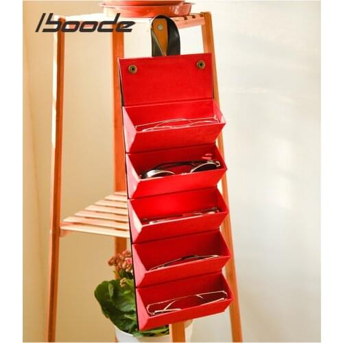 Iboode 5 Slots Foldable Leather Eyewear Storage Case Display Sunglasses Eyeglasses Travel Organizer Multiple Hanging Container