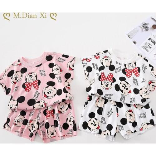 Cartoon Minnie Girl Summer New Products Childrens Suit Korean Fashion Boys and Girls Two-piece Dress Printed Shirt + Pants