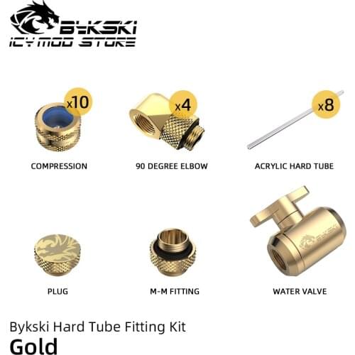 Bykski Hard Tube Fitting Kit G1/4 Compression 90 Degree Elbow Male to Male Fitting Plug Water Valve 50cm 14mm Arcylic Tube Combo