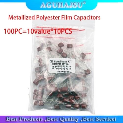 KIT 100PC=10value*10PCS Metallized Polyester Film Capacitors CBB Assortment Kit 100V 10nF ~ 470nF