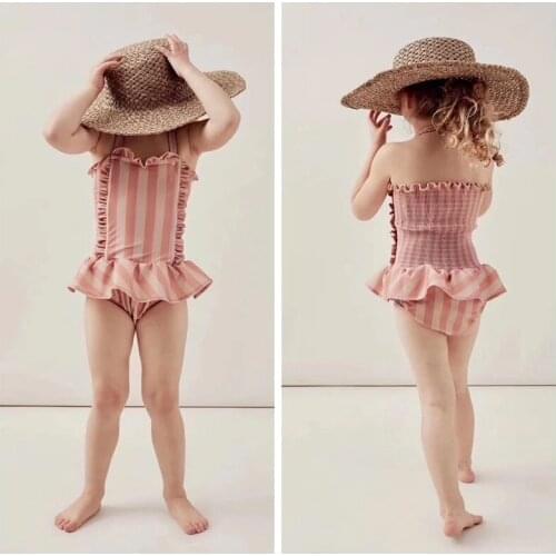 Summer New Baby Girls Princess Swimwear Pink Striped Beach Seaside One Piece Kids Clothing Ruffles Cute Children Swimsuits